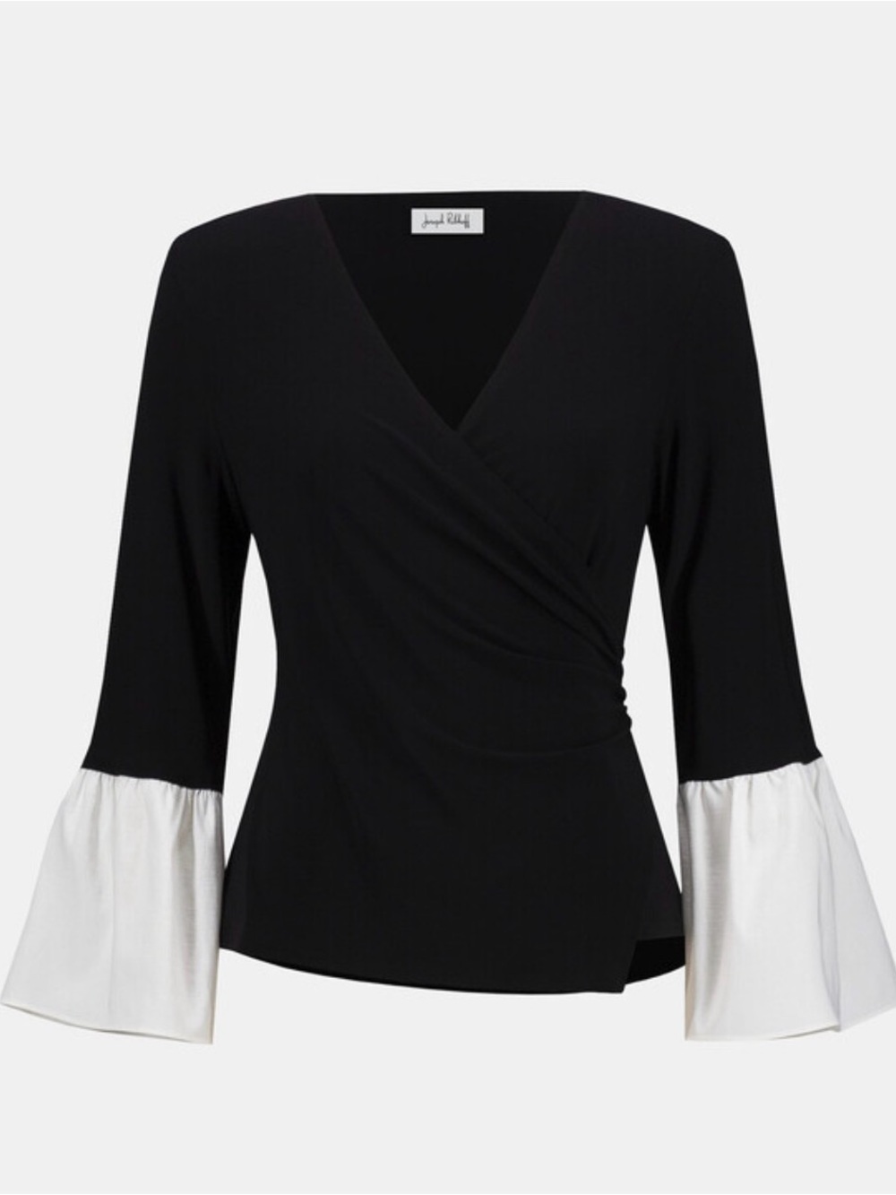 Joseph Ribkoff Faux Wrap Bell Sleeve Tunic Top Black White Contrast US 14
